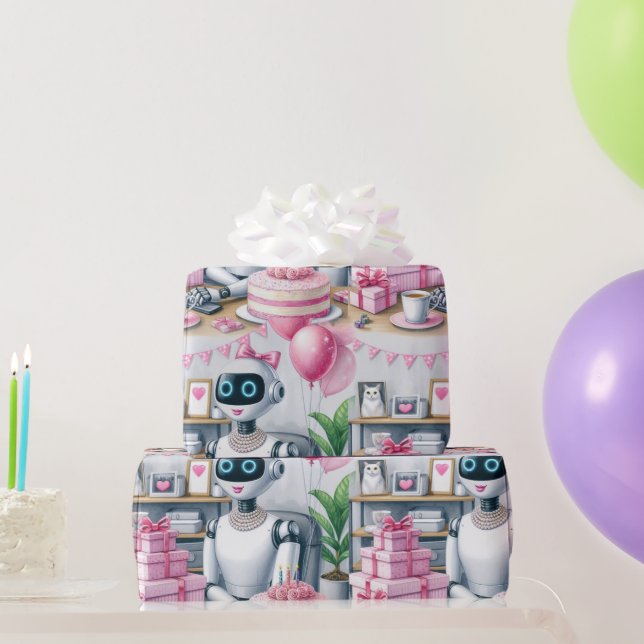Papel De Presente Birthday Ai Robot, Balões de Faísca Rosa Rosa (Presentes para festas)