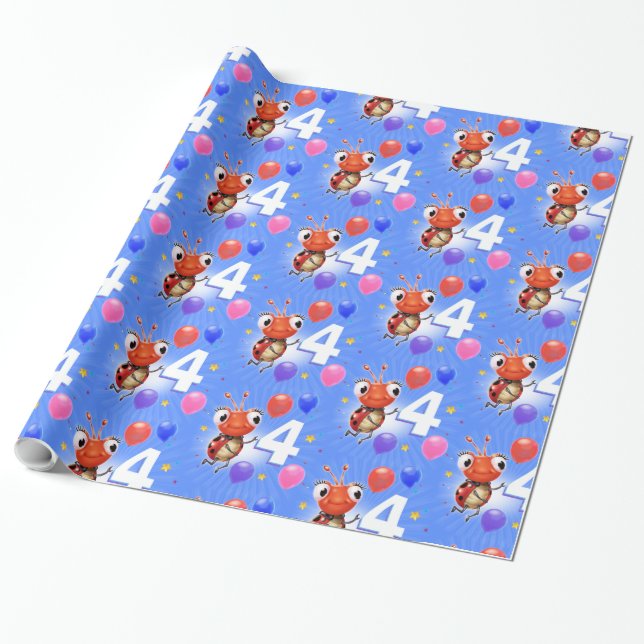 Papel De Presente Birthday Boy ou Girl age 4 Ladybug embrulhando pap (Desenrolado)