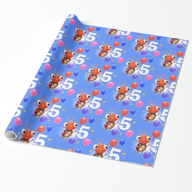 Papel De Presente Birthday Boy ou Girl age 5 Ladybug embrulhando pap (Desenrolado)