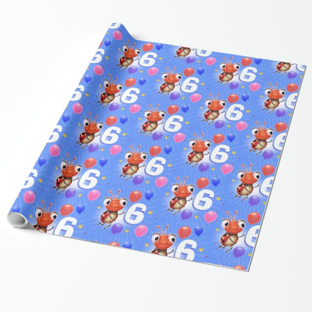 Papel De Presente Birthday Boy ou Girl age 6 Ladybug embrulhando pap (Desenrolado)