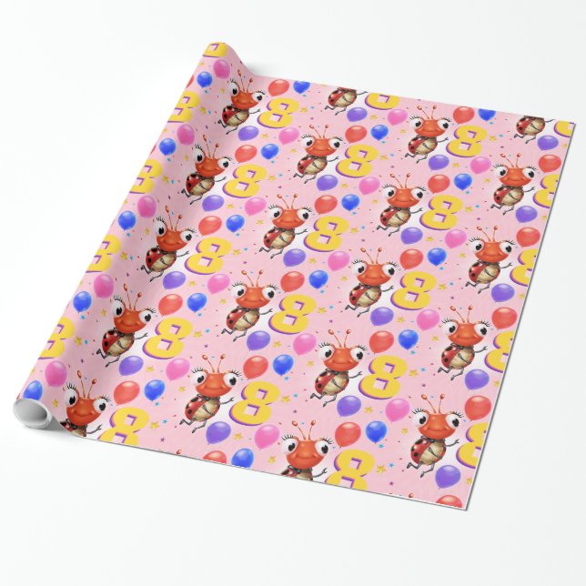 Papel De Presente Birthday Boy ou Girl age 8 Ladybug embrulhando pap (Desenrolado)