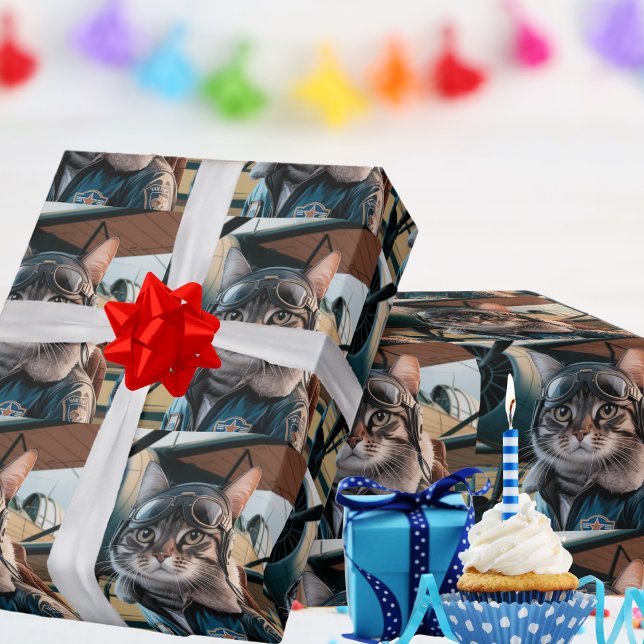 Papel De Presente Birthday Cat Pilot & Airplane Cool Funny Aviation (Criador carregado)
