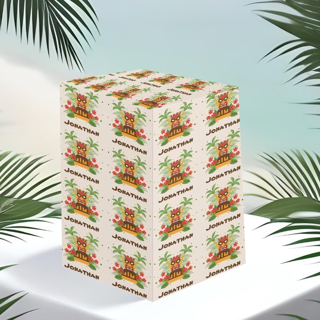 Papel De Presente Birthday Luau Tiki Nome do Bar Vintage Partido Hav (Retro Hawaiian birthday themed wrapping paper with tiki pattern and name template)