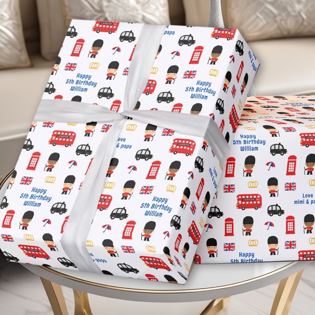 Papel De Presente Birthday, nome de barramento Guarda de Londres (London Guards Bus Name Boy Birthday Wrapping Paper)