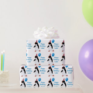 Papel De Presente Birthday Penguin Blue Balloon Name Wrappaper