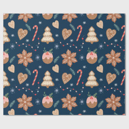 Papel De Presente Biscoito de Gengibre de Natal Azul Marinho padrão 
