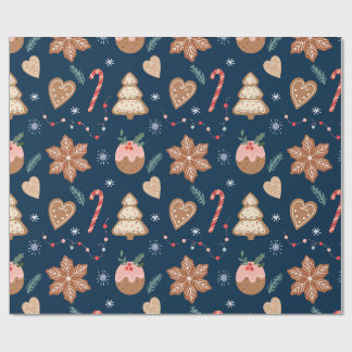 Papel De Presente Biscoito de Gengibre de Natal Azul Marinho padrão 