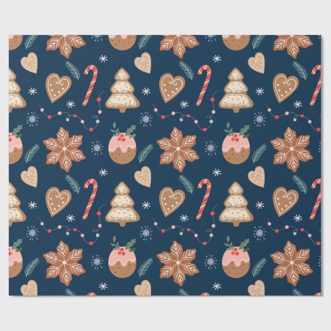 Papel De Presente Biscoito de Gengibre de Natal Azul Marinho padrão  (Aberto)