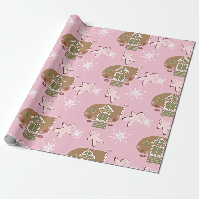 Papel De Presente Biscoitos de Casa de Pão de Mel Flocos de Neve Ros (Desenrolado)