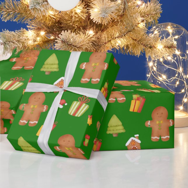 Papel De Presente Biscoitos de Gengibre de Natal e Presentes Verde  (Feriados)