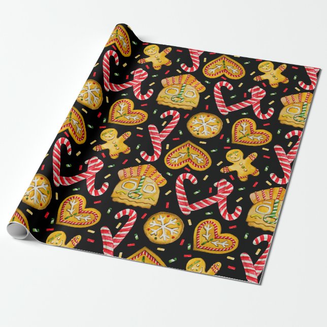 Papel De Presente Biscoitos de Gengibre de Natal Festivos & Cana-de- (Desenrolado)