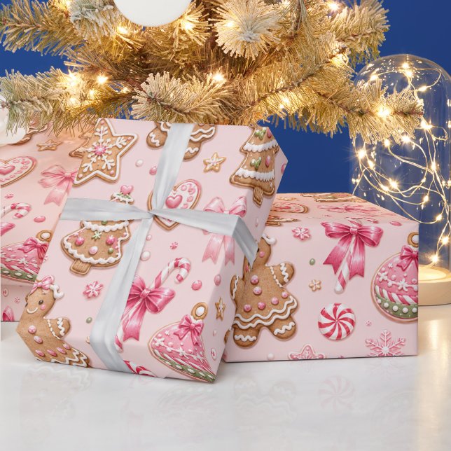 Papel De Presente Biscoitos de Gengibre Rosa e Laços Padrão de Natal (Feriados)