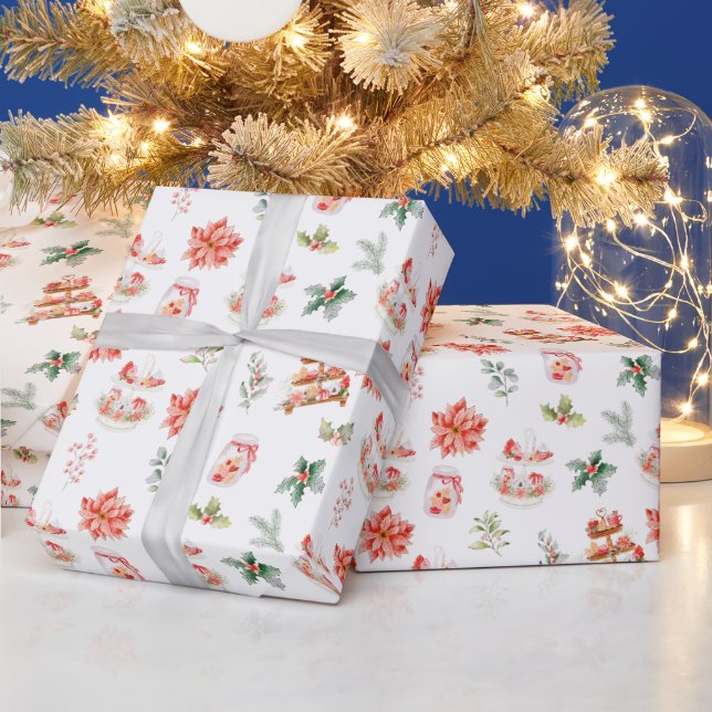 Papel De Presente Biscoitos de Natal e Folhagem Vermelha (Feriados)