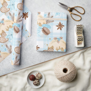 Papel De Presente Biscoitos de Natal Xadrez Azul Aquarela & Pudim