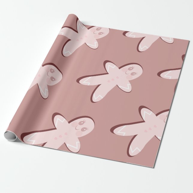 Papel De Presente Biscoitos glaçados de gengibre rosa de Natal (Desenrolado)
