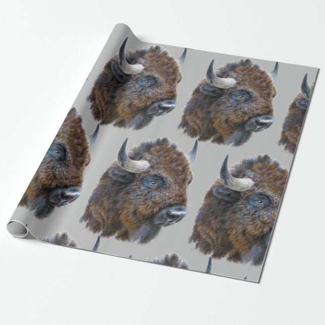 Papel De Presente Bison Buffalo Watercolor Animal Nature Art (Desenrolado)