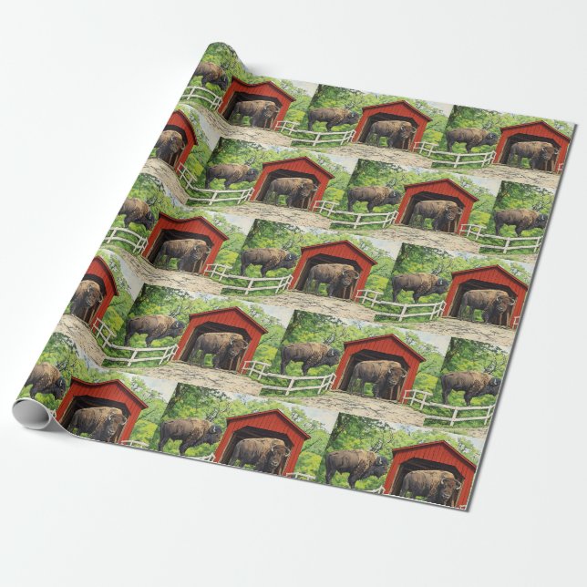 Papel De Presente Bison Red Covered Bridge (Desenrolado)