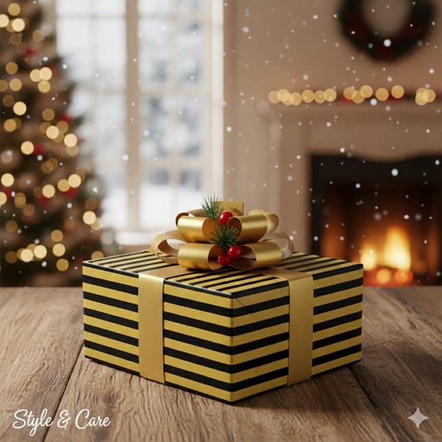 Papel De Presente Black And Metallic Gold Stripe Pattern Premium (Black And Metallic Gold Stripe Pattern Premium Wrapping Paper)