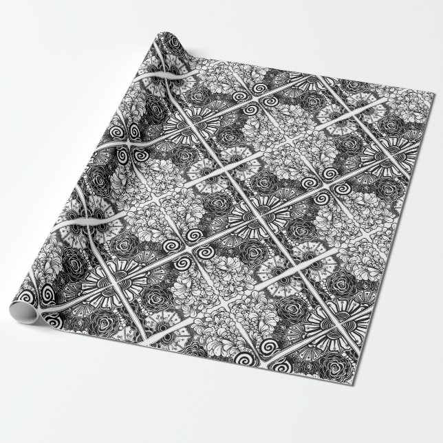 Papel De Presente Black And White Floral Patterned Drawing (Desenrolado)