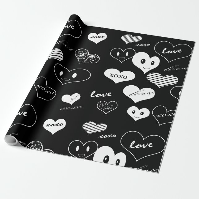 Papel De Presente Black and White Hearts Love Xoxo Wrappaper (Desenrolado)