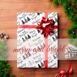 Papel De Presente Black and White Merry and Bright Christmas Trees
