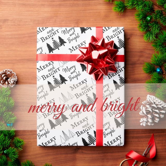 Papel De Presente  Black and White Merry and Bright Christmas Trees (Criador carregado)