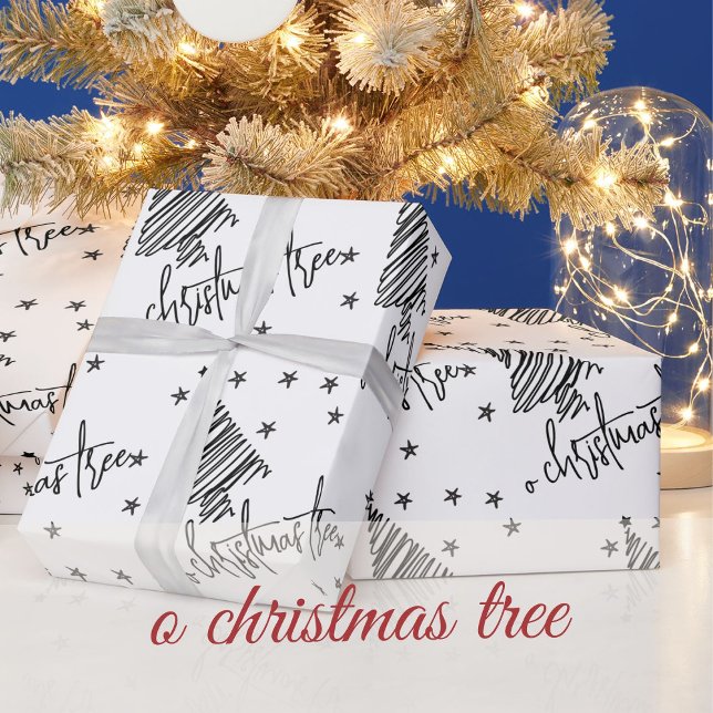 Papel De Presente  Black and White O Christmas Tree and Stars (Criador carregado)
