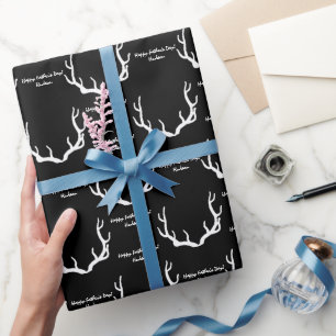 Papel De Presente Black and White Rustic Antlers Custom Message
