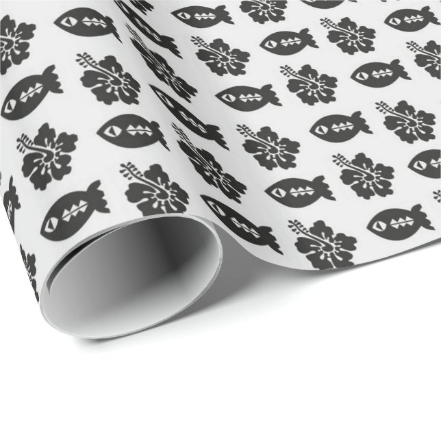 Papel De Presente Black and White Tiki Fish and Flower Pattern (Ponta do rolo)