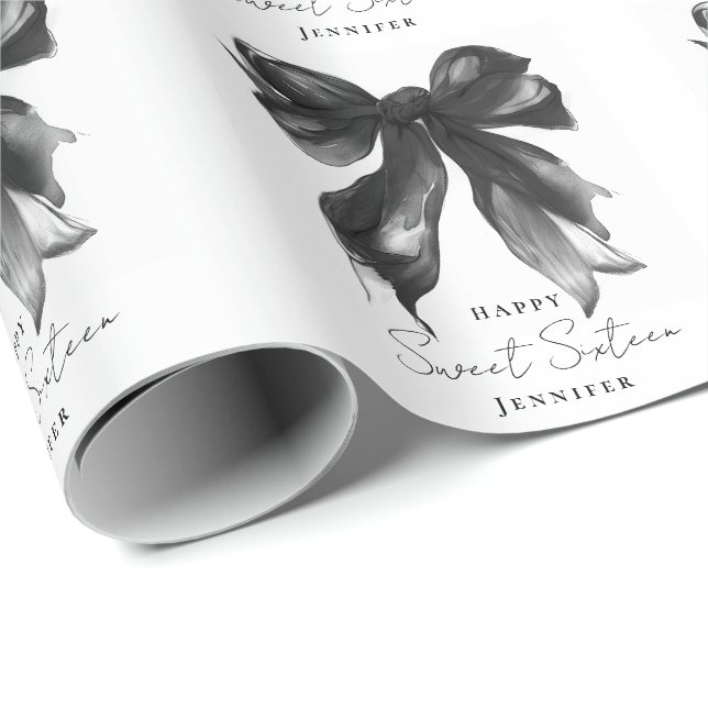 Papel De Presente Black Bow Coquette Script Sweet 16 Party (Ponta do rolo)