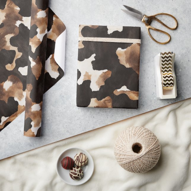 Papel De Presente Black Brown Cream Cow Print Birthday (Artesanato)