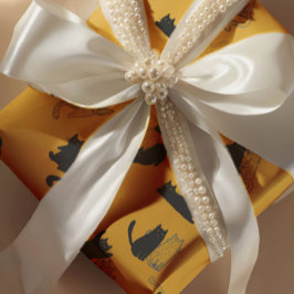 Papel De Presente Black Cats on Mustard with Blue Outlines– Modern 