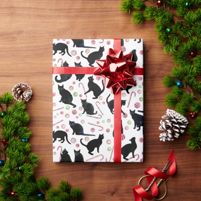 Papel De Presente Black Cats with Peppermint Candy Wrapping Paper (Presente de Natal)
