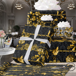 Papel De Presente Black Dourado Acanthus Leaf Chats Floral Dourado P