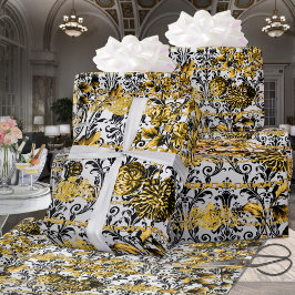Papel De Presente Black Dourado Silver Floral Damasco Acanthus Folaf