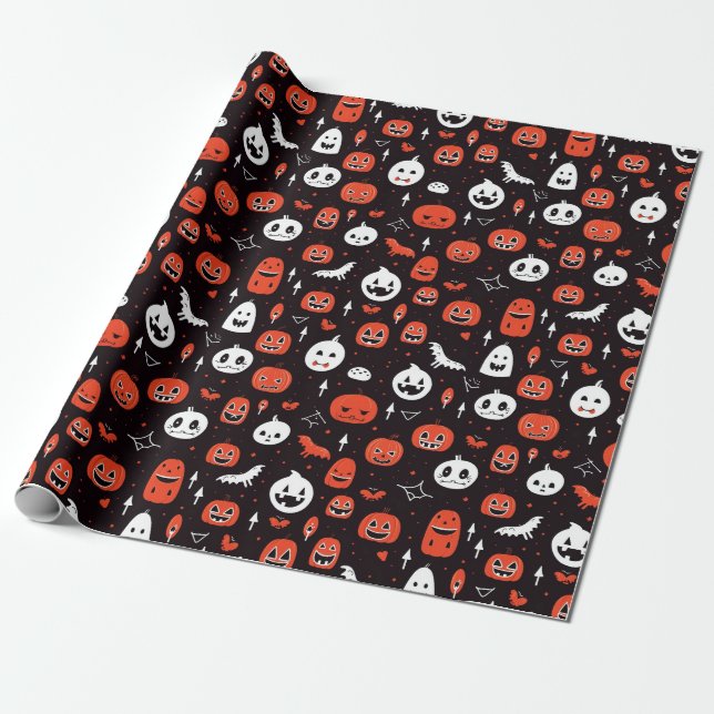 Papel De Presente Black Halloween Pattern with pumpkins and ghosts (Desenrolado)