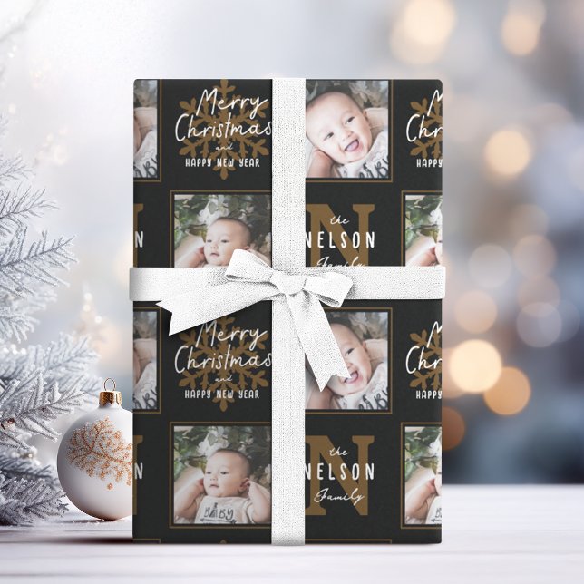 Papel De Presente Black Merry Christmas Calligraphy Family 2 photo (Black Merry Christmas Calligraphy Family 2 photo Wrapping Paper)