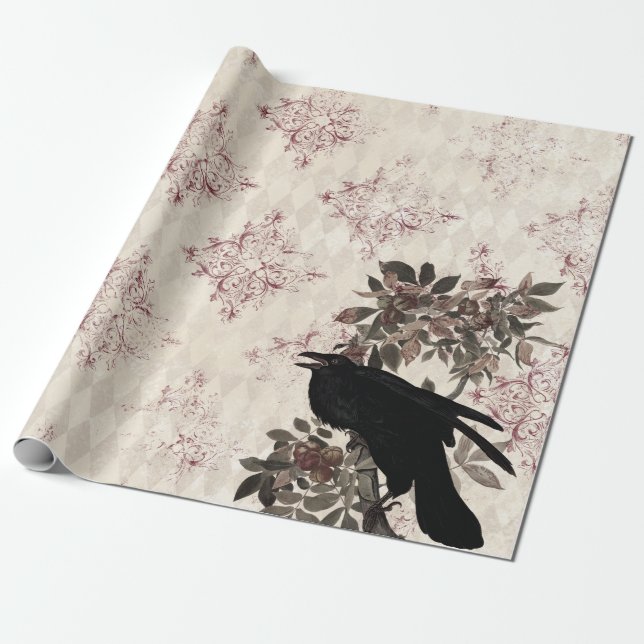 Papel De Presente Black Raven sobre Branch Burgundy Damask (Desenrolado)