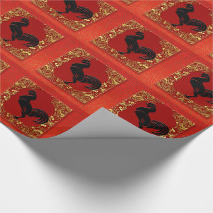 Papel De Presente Black Rooster Chinês Zodibose Vermelho e Dourado