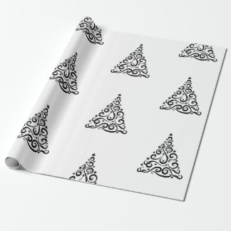 Papel De Presente Black Swirls Christmas Trees on White