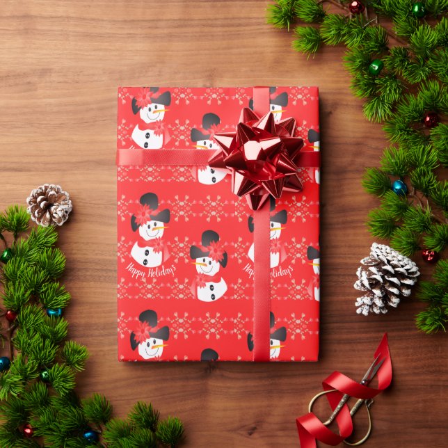 Papel De Presente Black White e Red Happy Holiders Snowman (Presente de Natal)