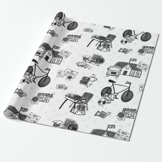 Papel De Presente Black & White School Doodle (Desenrolado)