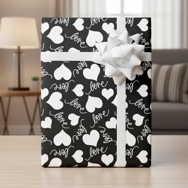 Papel De Presente Black & White Whimsical Cursive Love & Hearts (Black & White Whimsical Cursive Love & Hearts Wrapping Paper)