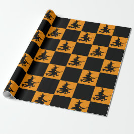 Papel De Presente Black Witches on Orange Checkered Wrapping Paper
