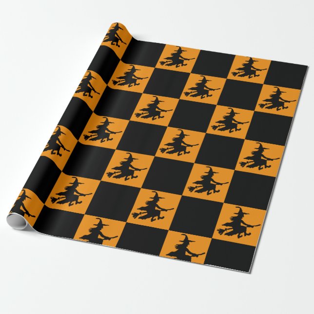 Papel De Presente Black Witches on Orange Checkered Wrapping Paper (Desenrolado)