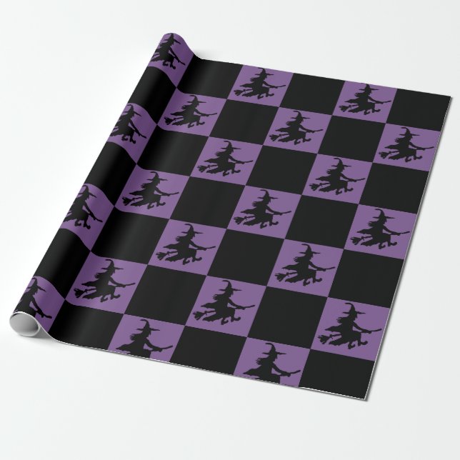 Papel De Presente Black Witches on Purple Checkered Wrapping Paper (Desenrolado)