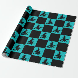 Papel De Presente Black Witches on Teal Checkered Wrapping Paper
