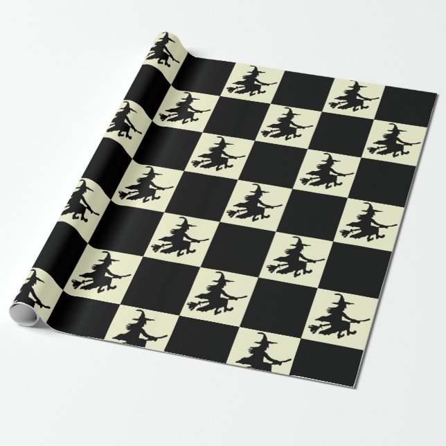 Papel De Presente Black Witches on Yellow Checkered Wrapping Paper (Desenrolado)