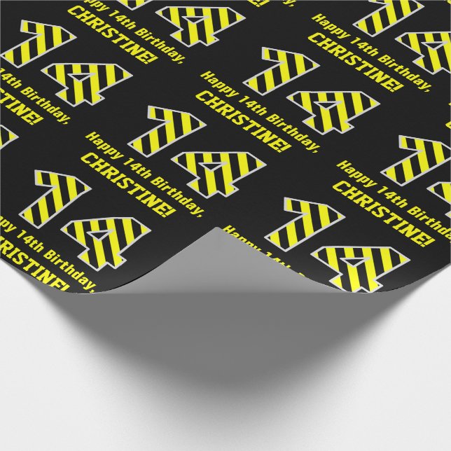Papel De Presente Black & Yellow Striped "14"; 14 Birthday + Name (Ponta)