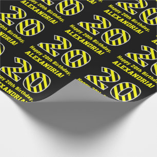 Papel De Presente Black & Yellow Striped "20"; 20 Birthday + Name
